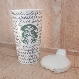 2011 STARBUCKS Falala Travel Mug Holiday Fa La La Double Wall Ceramic & Lid 12oz